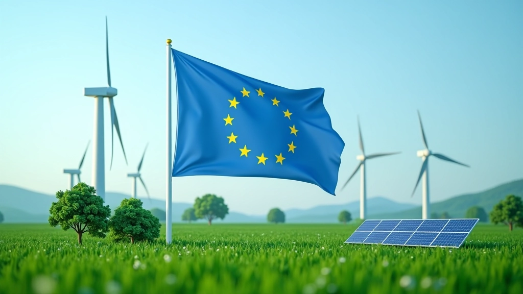 Drapeau européen avec symboles de transition climatique et énergies renouvelables