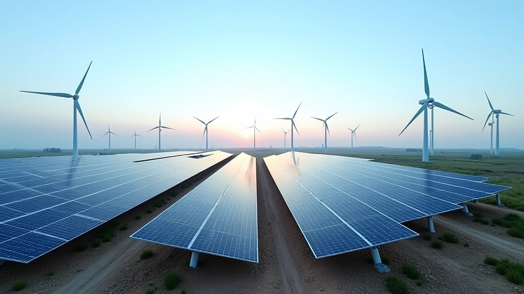 Centrale électrique moderne avec panneaux solaires et turbines éoliennes intégrées au paysage